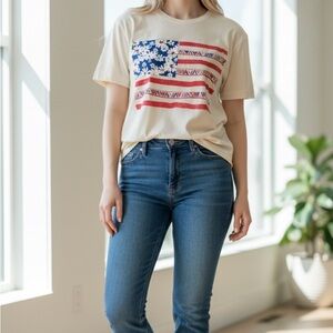 Rustee American flag reimagined with daisies and decorative stripes T-shirt